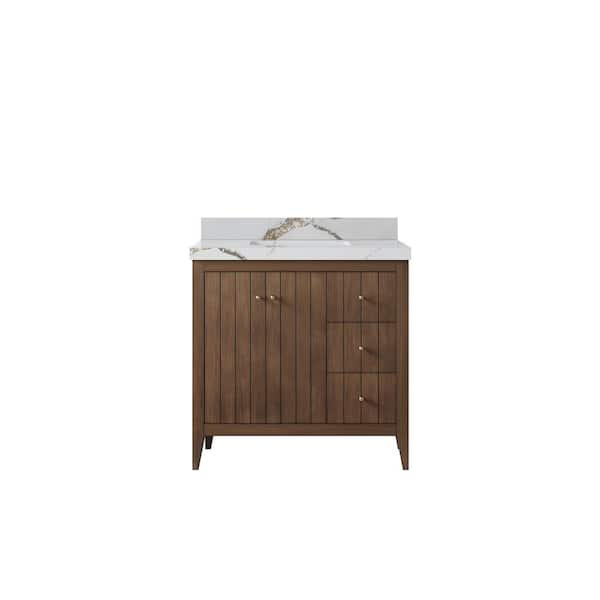 Willow Collections Atlanta Teak 36 in. Left Sink Freestanding Dark Natural Bath Vanity with Calacatta Gold Qt. Top Unassembled