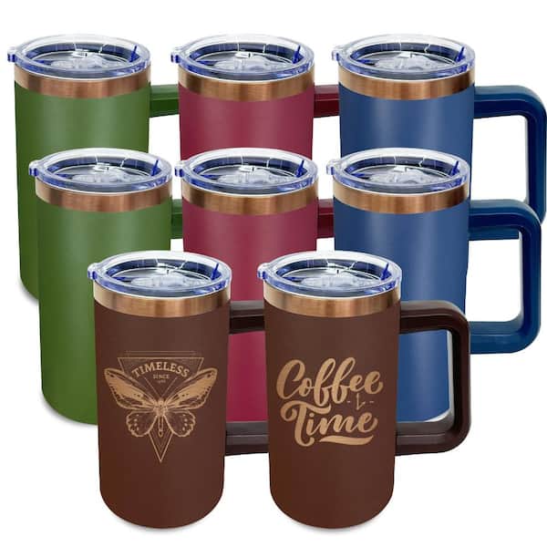 20 oz Mixed Color Stainless Steel Powder-Coated Insulated Tumbler with Handle and Lid, 8-Pack Bulk Set