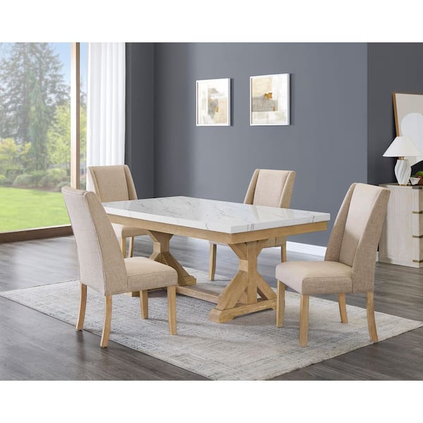 Best Quality Furniture Juno 5-Piece White Faux Marble Top Wood Rustic Beige Base Dining Set with 4 Beige Chairs
