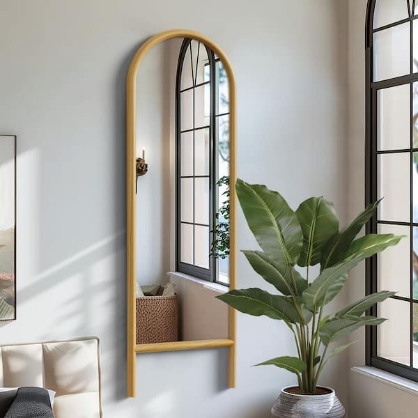 Dovelina 21 in. W. x 64 in. H Ladder Arched Wood Gold Framed Natural Color Full-length Leaning Mirror