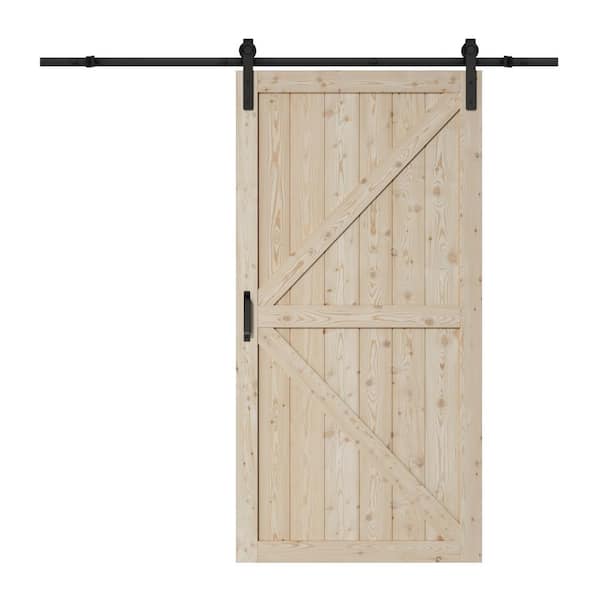ARK DESIGN 48 in. x 84 in. Paneled K Shape Solid Core Pine Unfinished Wood Sliding Barn Door with Hardware Kit