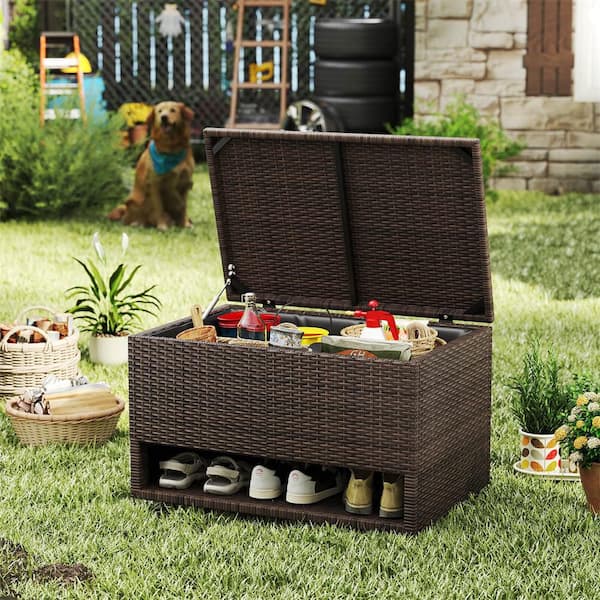 48 Gal. Mix Brown Plastic Rattan Deck Box with Shoe Rack Waterproof Liner Lid Outdoor Storage Box