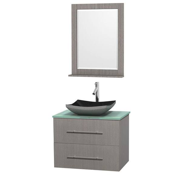 Wyndham Collection Centra 30 in. Vanity in Gray Oak with Glass Vanity Top in Green, Black Granite Sink and 24 in. Mirror