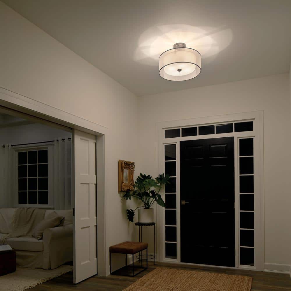 Elegant Pewter 20" Drum Ceiling Light with White Organza Shade