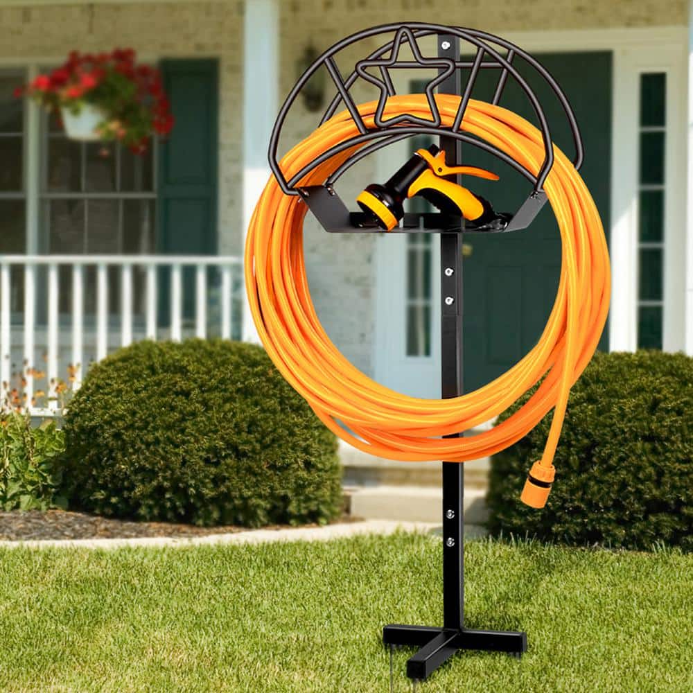 Black Powder-Coated Steel Freestanding Garden Hose Holder with Star Design