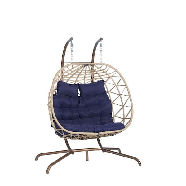 SereneVita Khaki Wicker Patio Swing Chair with Dark Blue Cushion, PE Rattan Chair Hammock Egg Chair for Backyard, Garden