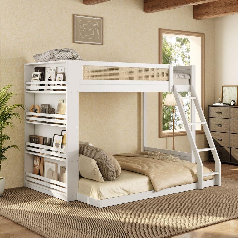 Harper & Bright Designs White Twin over Full Chic Rattan Bunk Bed