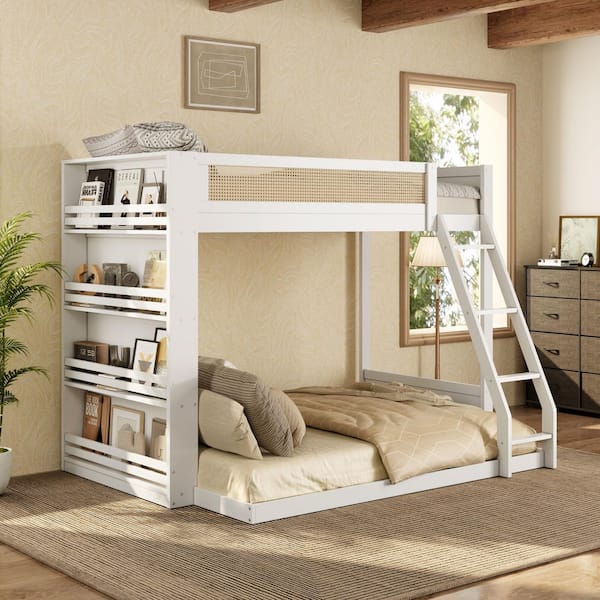 Harper & Bright Designs White Twin over Full Chic Rattan Bunk Bed with ...