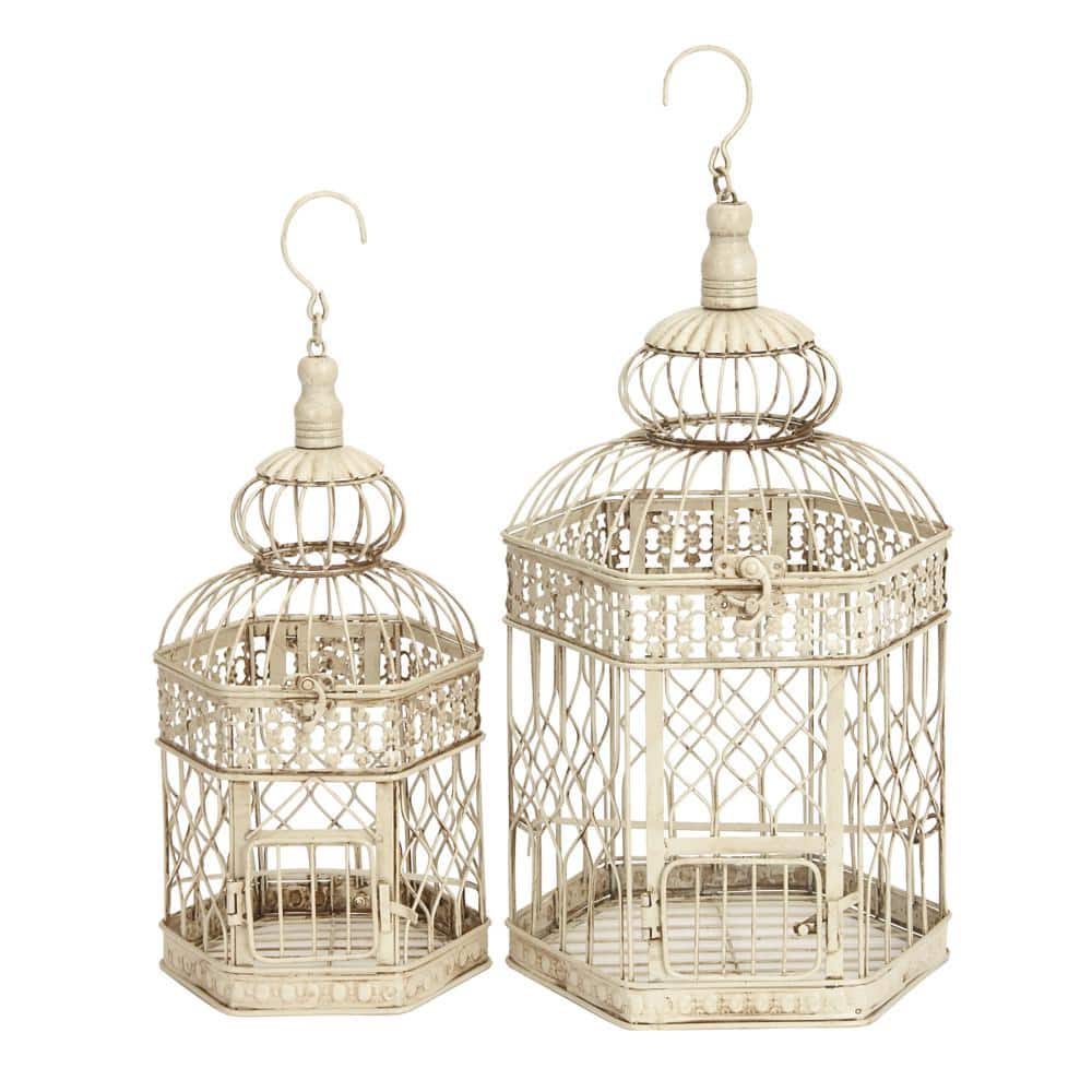 Cream Metal Birdcage Set with Floral Embossed Design, 21" and 18"