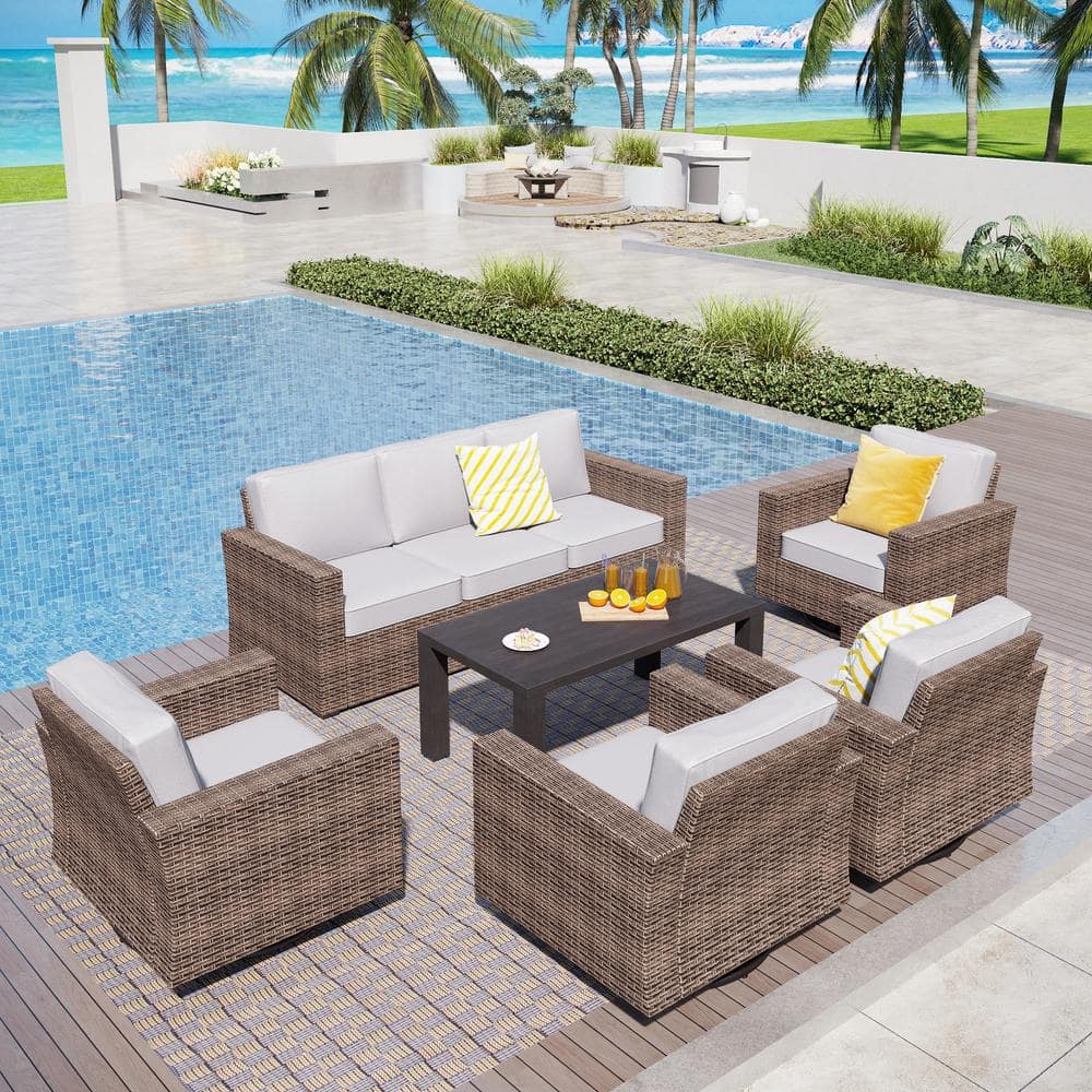 Brown Rattan Wicker 6-Piece Outdoor Patio Conversation Set with 4 Swivel Rocking Chairs, Table, and Light Gray Cushions -  PHI VILLA, THD7-C804