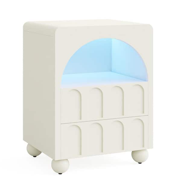 BYBLIGHT Fenley White 2-Drawer 20 in. W Nightstand Wood Bedside Table with LED light Small Nightstand with Storage for Bedroom