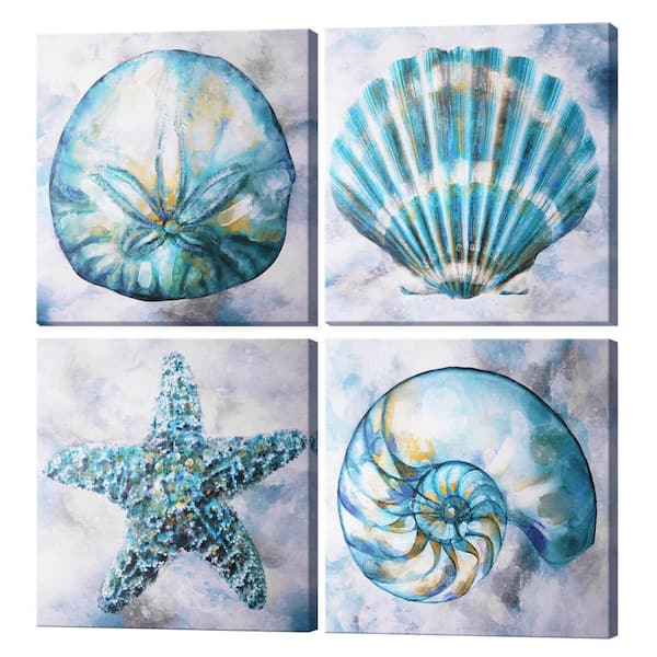 Teal Conch&Starfish Coastal Canvas Wall Art,Aqua Beach Rustic Shell 4-Piece Set for Bathroom,Bedroom,Unframed 24 x 24in.