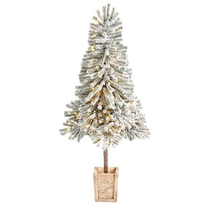 5 ft. Winter Flocked Leaning Faux Christmas Tree Pre-Lit w/ 150 LED Lights & 288 Bendable Branches in Decorative Planter
