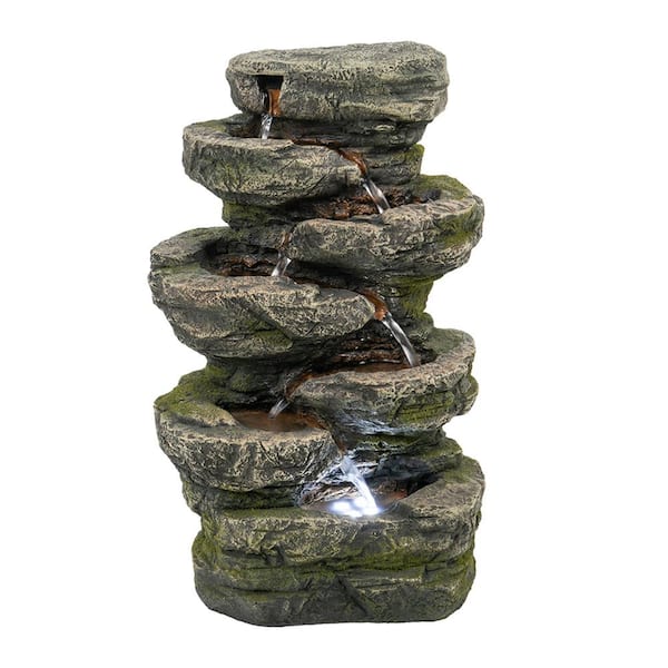 Zeus & Ruta 13.80 in. Outdoor Stone Look Waterfall Fountain, 7-Tier Cascading Rock Freestanding Fountain with LED Lights