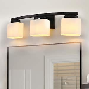 24 in. 3 Light Matte Black Modern Industrial Square Vanity Light for Bathroom with Curved Arms and Milk White Shades