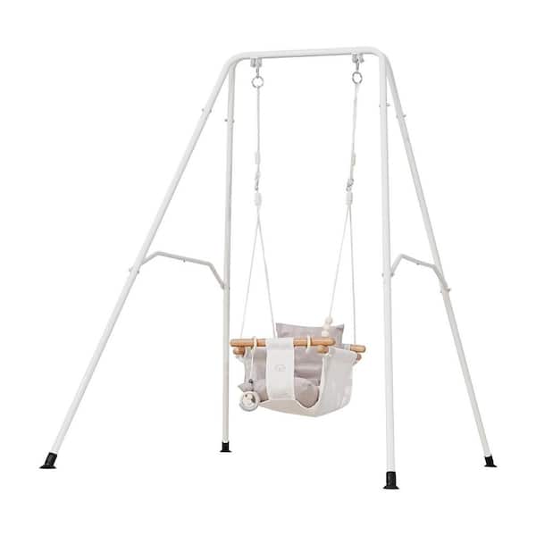 2-in-1 Gray Toddler Swing and Jumper with Foldable Metal Frame, Soft Cushion, Durable Ropes, Easy Setup, Swing Set