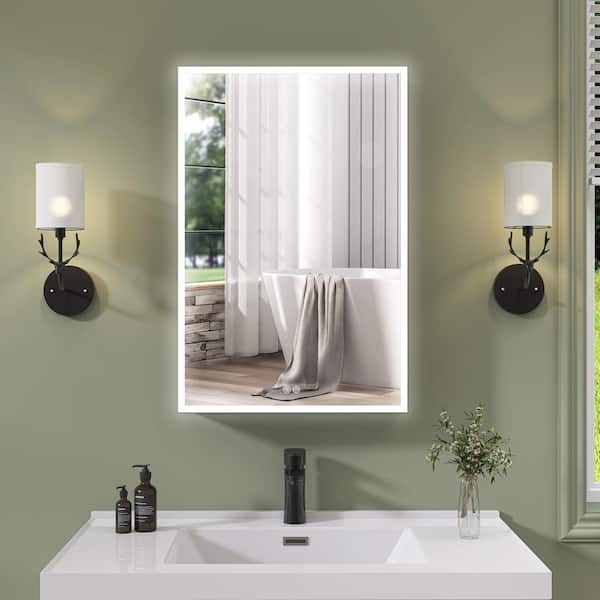 Winado 20-in x 28-in Lighted LED Fog Free Surface/Recessed Mount White Mirrored Medicine Cabinet with Outlet