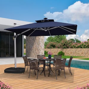 10 ft. Square Aluminum Solar Powered LED Patio Cantilever Offset Umbrella with Wheels Base, Navy Blue