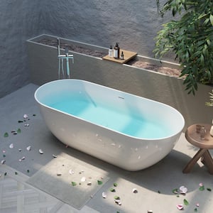 59 in. x 29.5 in. Luxury Handcrafted Stone Resin Freestanding Soaking Bathtub with Overflow in Glossy White