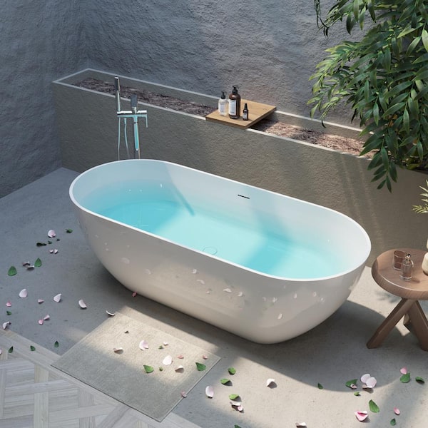 Abruzzo 59 in. x 29.5 in. Luxury Handcrafted Stone Resin Freestanding Soaking Bathtub with Overflow in Glossy White