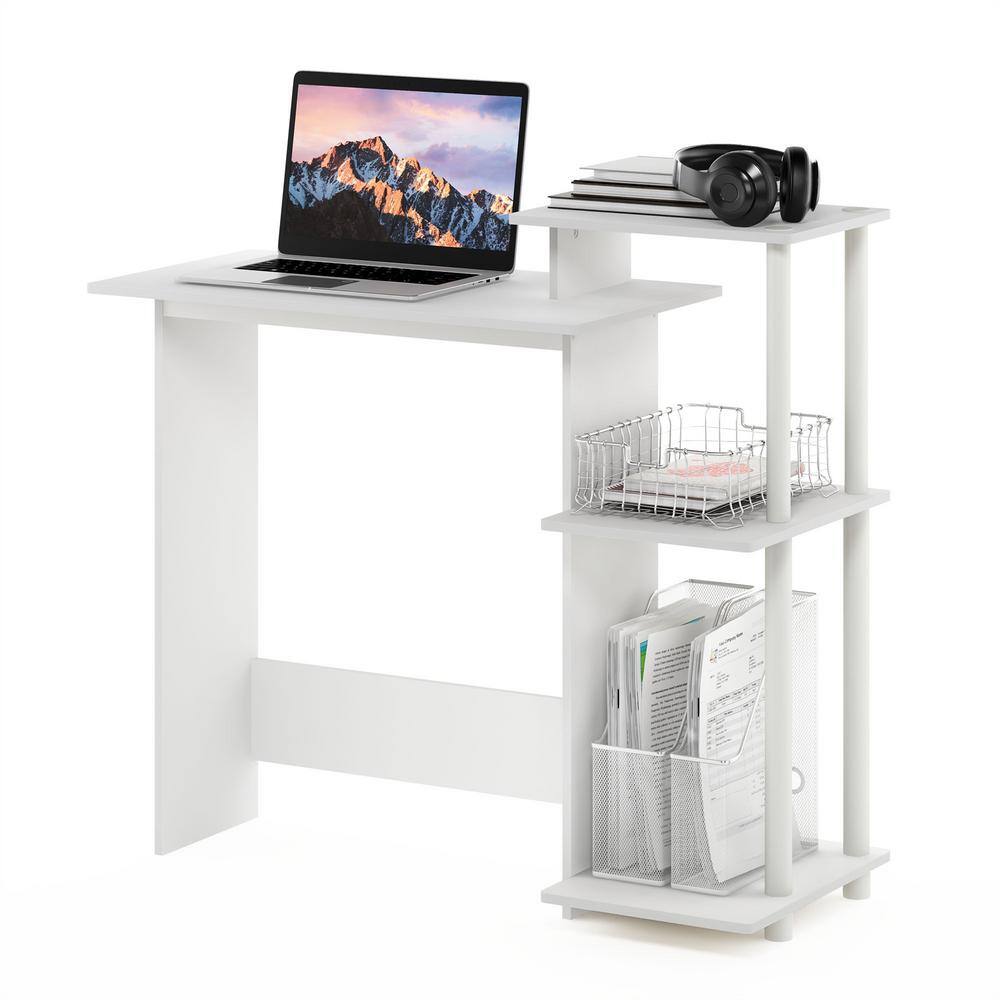 White Compact Wood Laptop Desk with Side Shelves