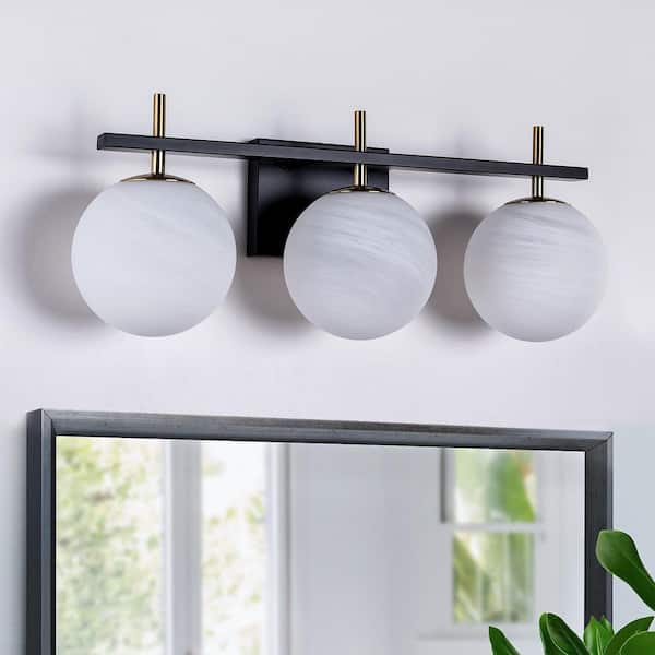 Raleigh 22 in. 3-light Modern Black Dimmable Vanity Light With White Cloud Glass Lampshade