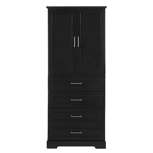 30 in. W x 15.67 in. D x 72.2 in. H Tall Black Freestanding Linen Cabinet with 3 Drawers and Adjustable Shelf in Black