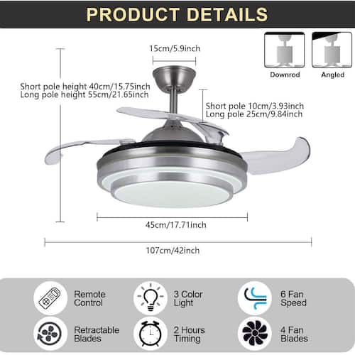 42 in. Silver Integrated LED Modern Indoor Retractable Ceiling Fan with LED Light Kit and Remote Control Lighting