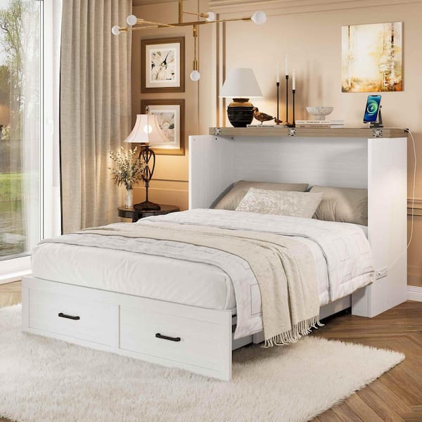White Wood Frame Full Size Murphy Bed with Charging Station and 1-Large Storage Drawer