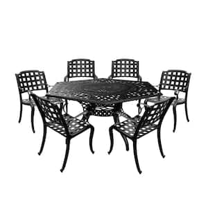 Black 7-Piece Hexagon Aluminum Mesh Outdoor Dining Set with 6-Chairs