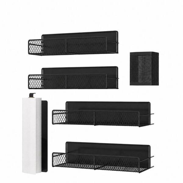 Magnetic Spice Rack for Refrigerator, 6 Piece Metal Shelf Set with Paper Towel Holder and Utensil Racks, Black