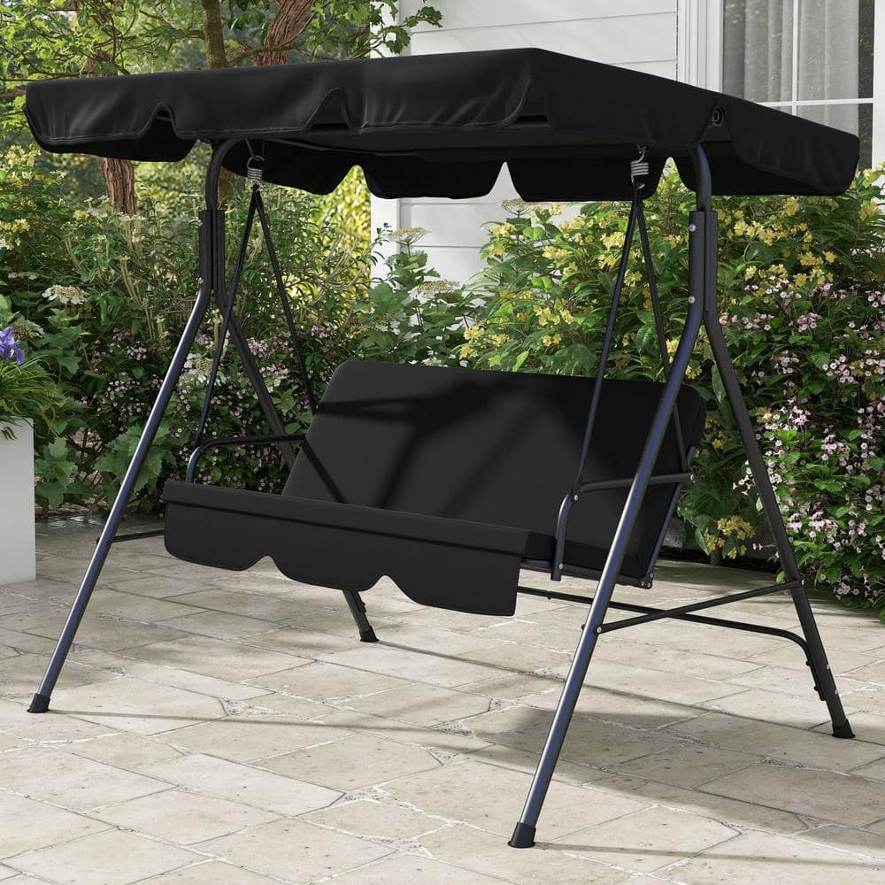 Black Steel Frame 3-Person Outdoor Patio Swing with Adjustable Canopy