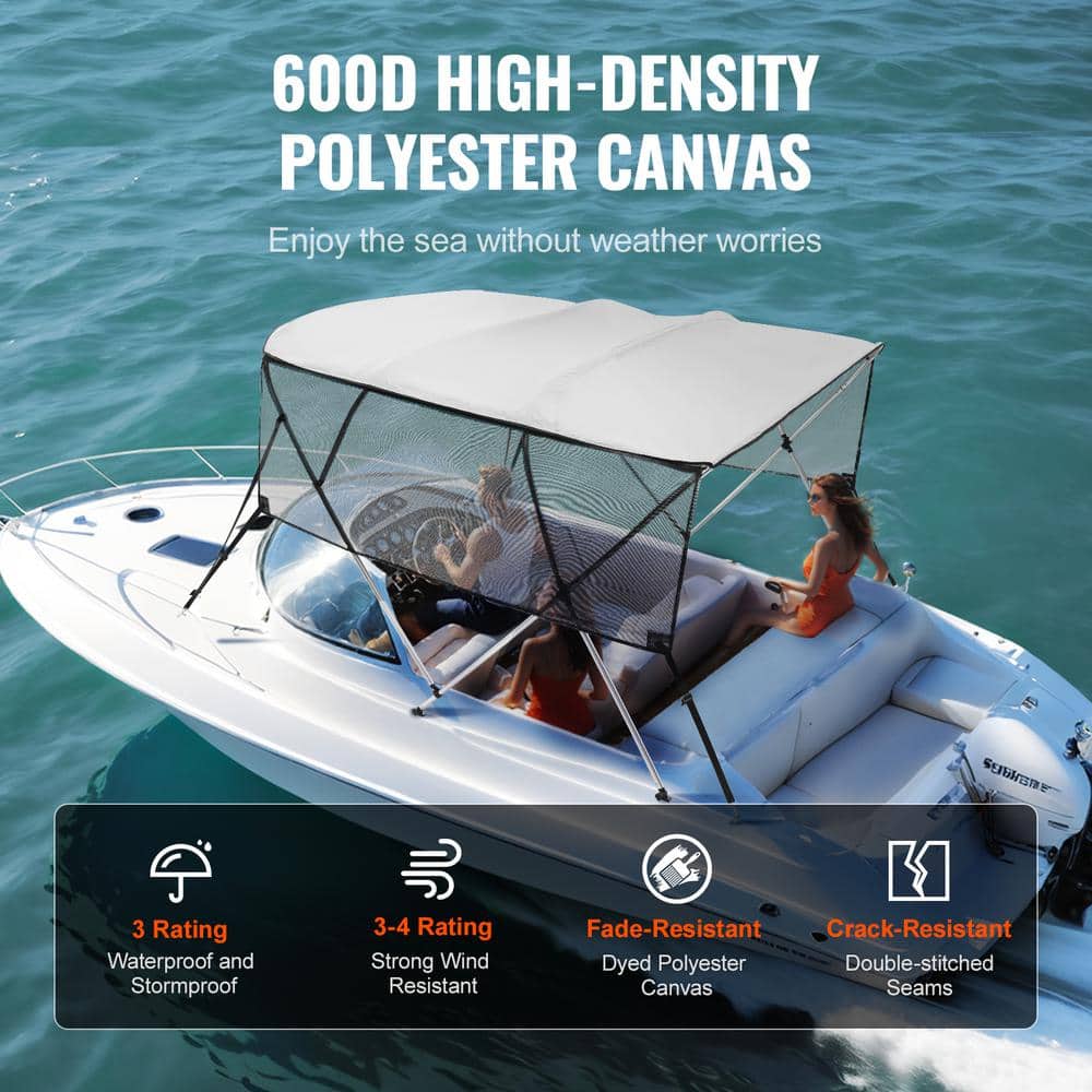 Light Grey 4 Bow Bimini Top Boat Cover with Mesh Sidewalls