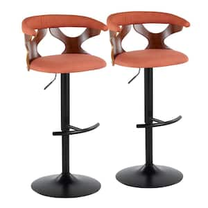 Gardenia 32.5 in. Orange Fabric, Walnut Wood and Black Metal Adjustable Bar Stool (Set of 2)