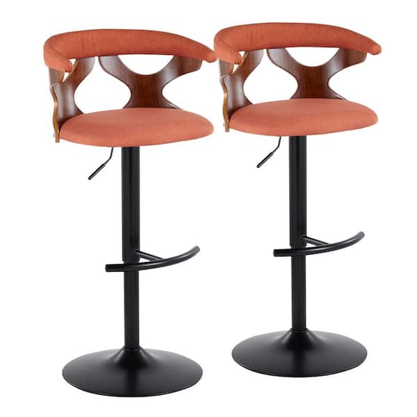 Lumisource Gardenia 32.5 in. Orange Fabric, Walnut Wood and Black Metal Adjustable Bar Stool (Set of 2)