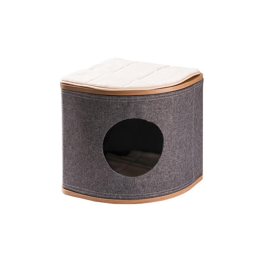 Gray Wooden Corner Cat Bed Cat House Cave with 2 Washable Cushions