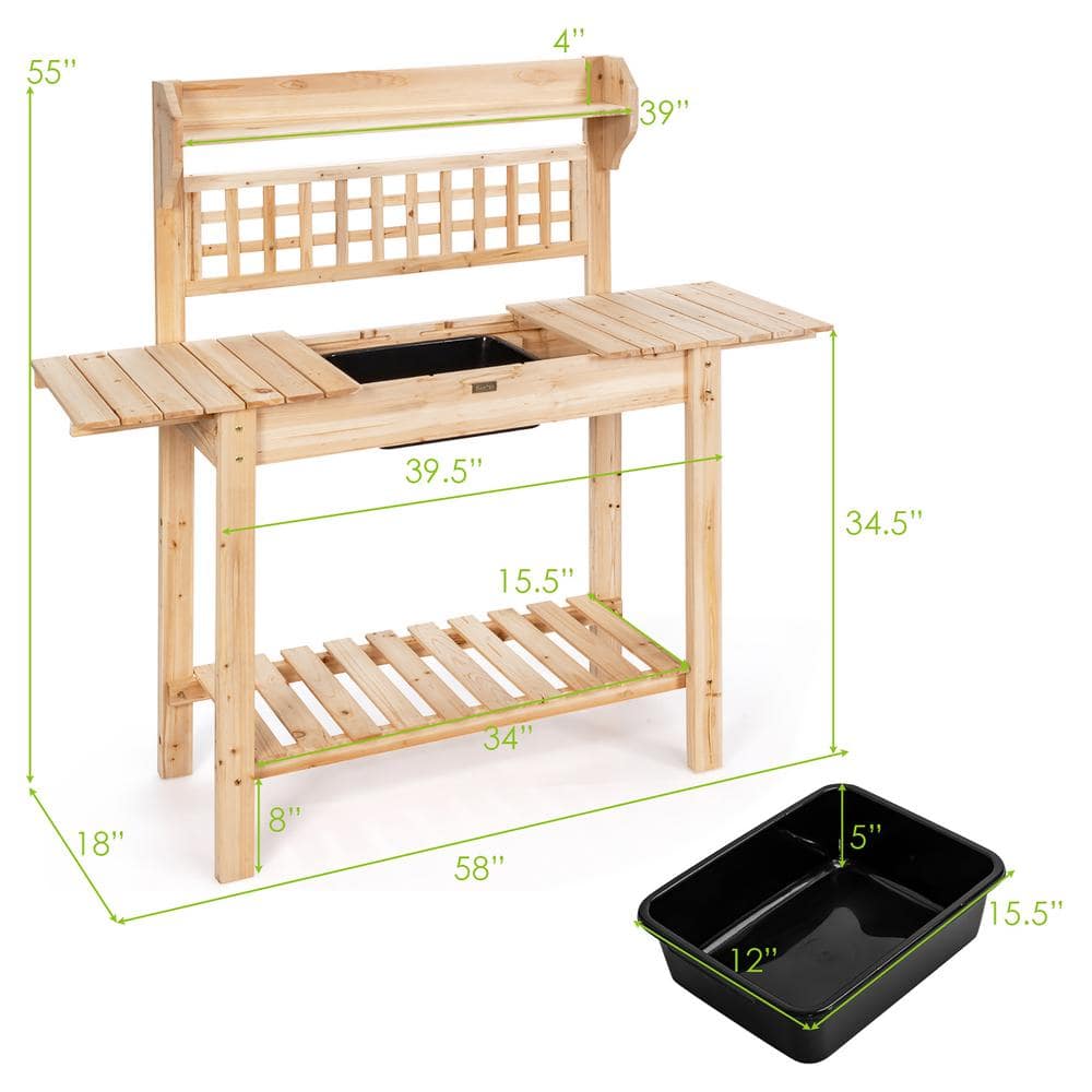 Natural Fir Wood Garden Potting Bench with Sliding Tabletop and Sink