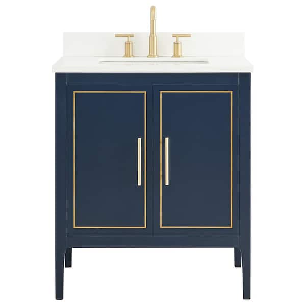 Chameleon Concepts Exeter 30 in. W x 21 in. D x 34 in. H Bath Vanity in Navy and Gold with White Qt. Top Single Sink Ceramic Basin