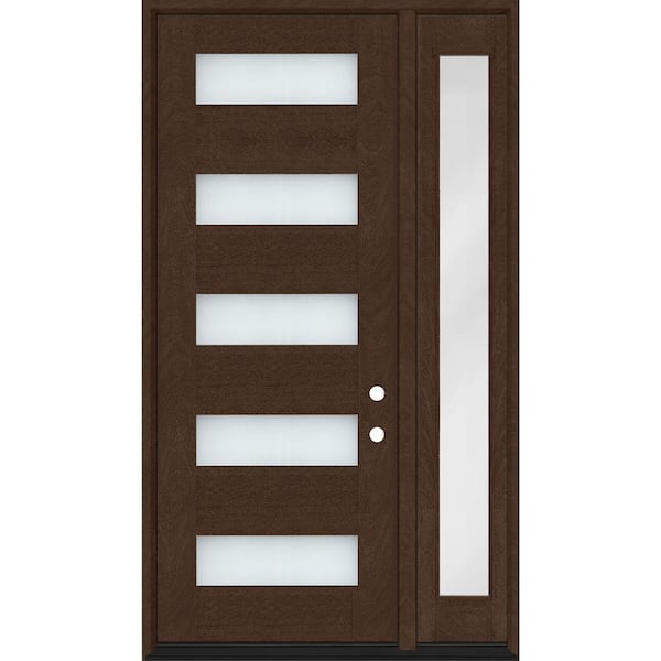 Steves & Sons Regency 53 in. x 96 in. 5L Modern Frosted Glass LH Hickory Stain Mahogany Fiberglass Prehung Front Door w/14in.SL