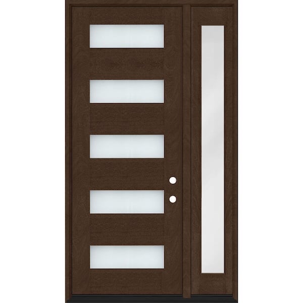 Steves & Sons Regency 53 in. x 80 in. 5L Modern Clear Glass RHOS Hickory Stain Mahogany Fiberglass Prehung Front Door w/14 in. SL