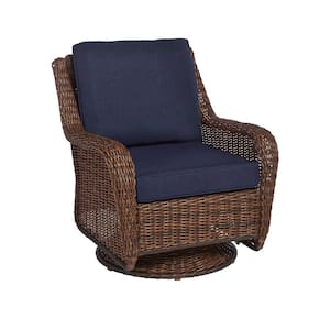 Cambridge Brown Wicker Outdoor Patio Swivel Rocking Chair with CushionGuard Midnight Navy Blue Cushions