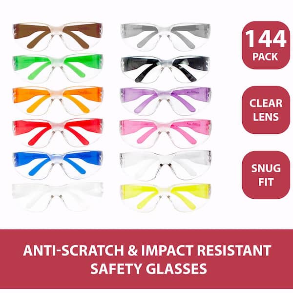 Clear Anti-Scratch Protective Safety Glasses with Colored Earpieces, Multicolor Variety Pack (144-Pairs)