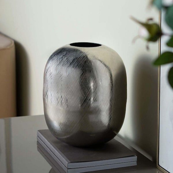 15 in. Silver Aluminum Streak Design Oval Decorative Vase, Modern Minimalist Decorative Vase, Modern Neutral Vase W2078P316668YF