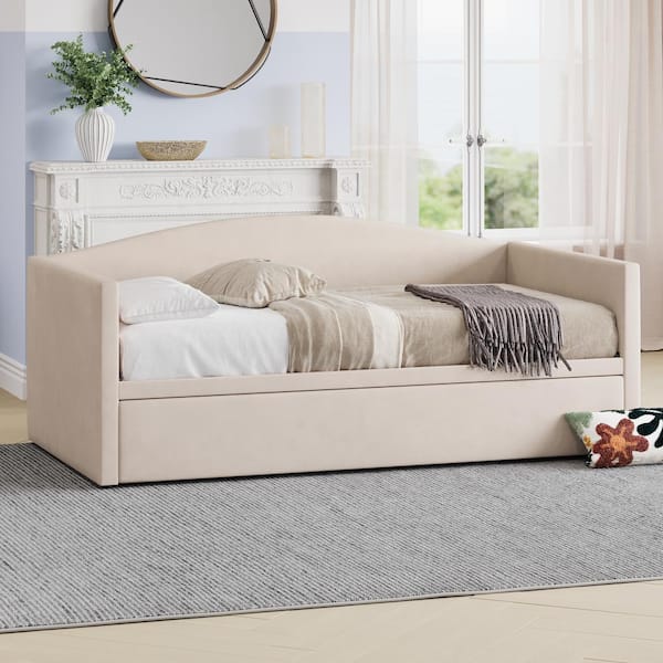 Beige Twin to King Size Velvet Upholstered Daybed with Extended Pop Up Trundle