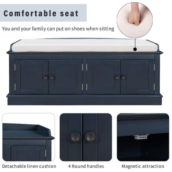 URTR Antique Navy Storage Bench w/ 4-Doors & Adjustable Shelves