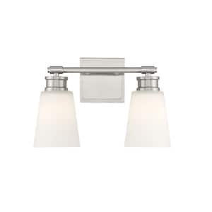 14 in. W x 9.5 in. H 2-Light Brushed Nickel Bathroom Vanity Light with Frosted Glass Shades