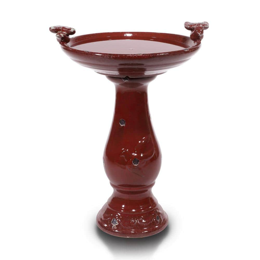 Alpine Corporation Ceramic Pedestal Birdbath with 2 Bird Figurines  Deep Red