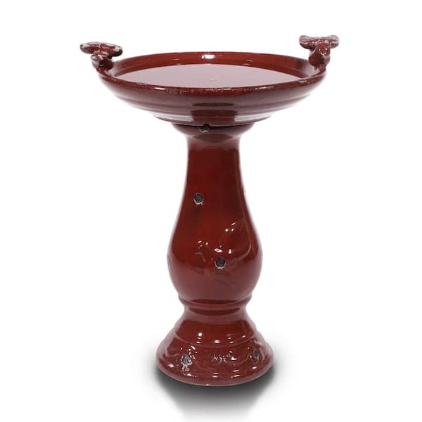 Alpine Corporation 24 in. Tall Outdoor Ceramic Antique Pedestal Birdbath with 2 Bird Figurines, Red