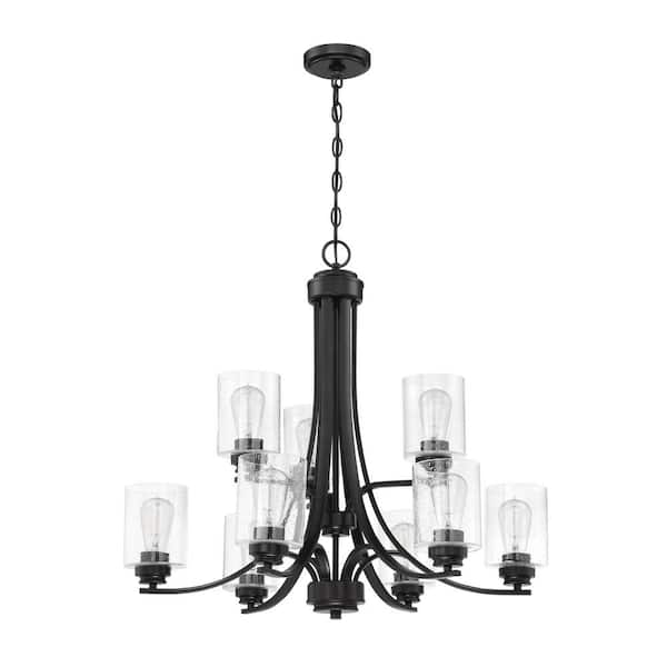 CRAFTMADE Bolden 9-Light Flat Black Finish with Seeded Glass Transitional Chandelier for Kitchen/Dining/Foyer, No Bulbs Included