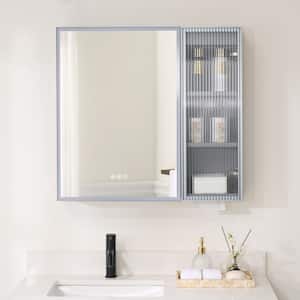 30 in. W x 28 in. H Rectangular Dimmable Anti-fog LED Wood Surface Mount Medicine Cabinet with Mirror in Gray